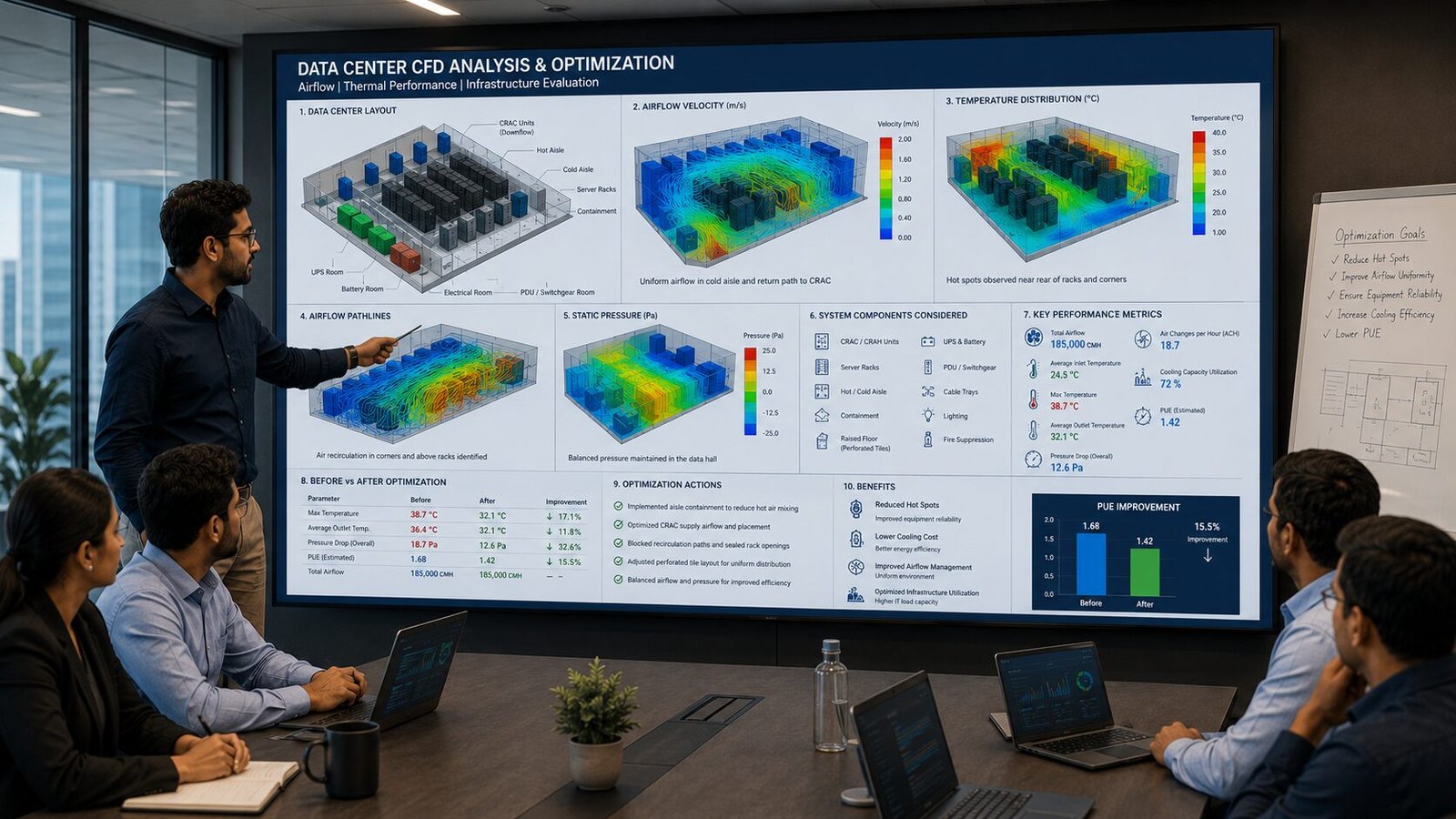 Data center CFD analysis and airflow optimization results presented to a client team