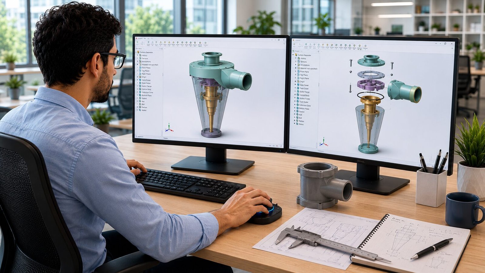 Engineer developing a CAD model and exploded assembly view of a product on dual monitors