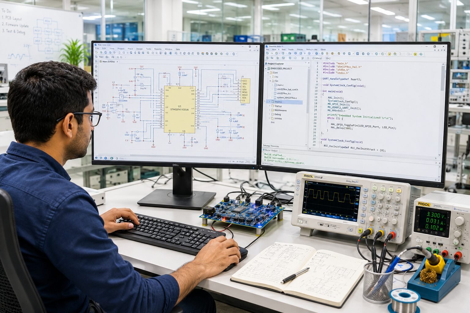 Embedded systems engineer working on circuit schematic, firmware code and PCB test setup