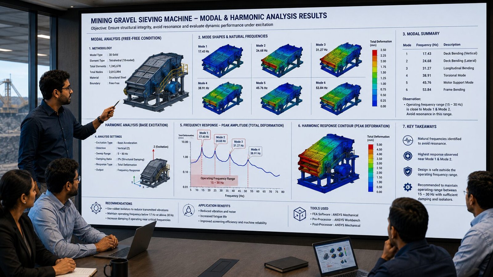 Finite Element Analysis modal and harmonic analysis results presented to an engineering team