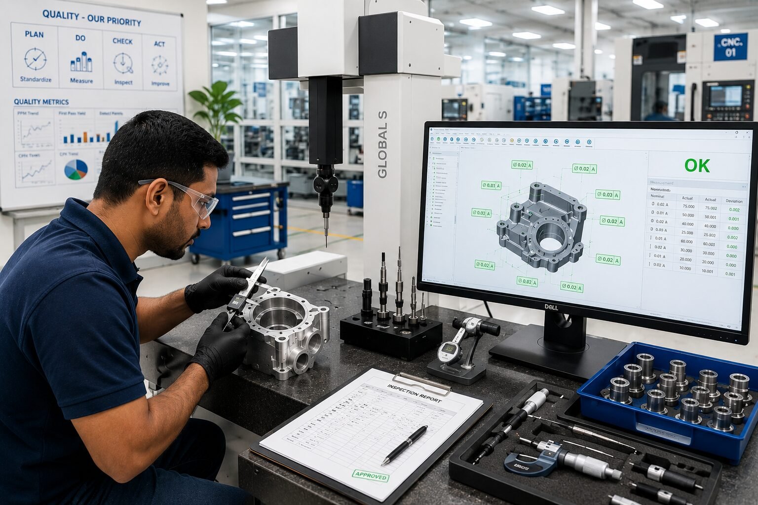 Quality engineer inspecting a precision machined component against CAD tolerance data