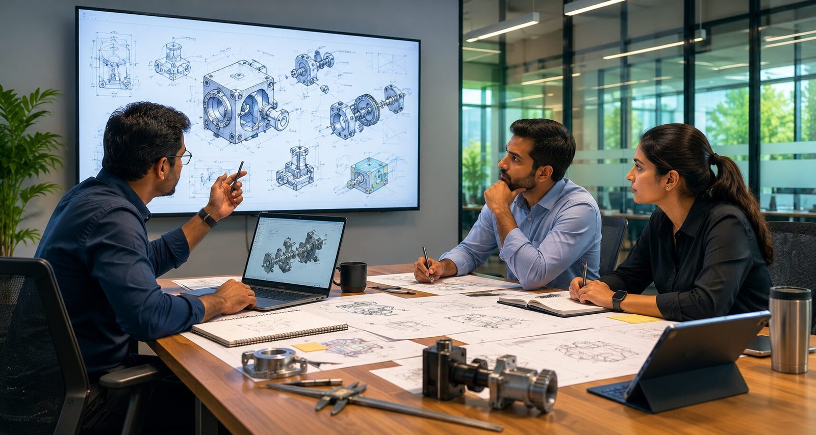 Engineering team reviewing a gearbox CAD assembly and technical drawings on a large screen