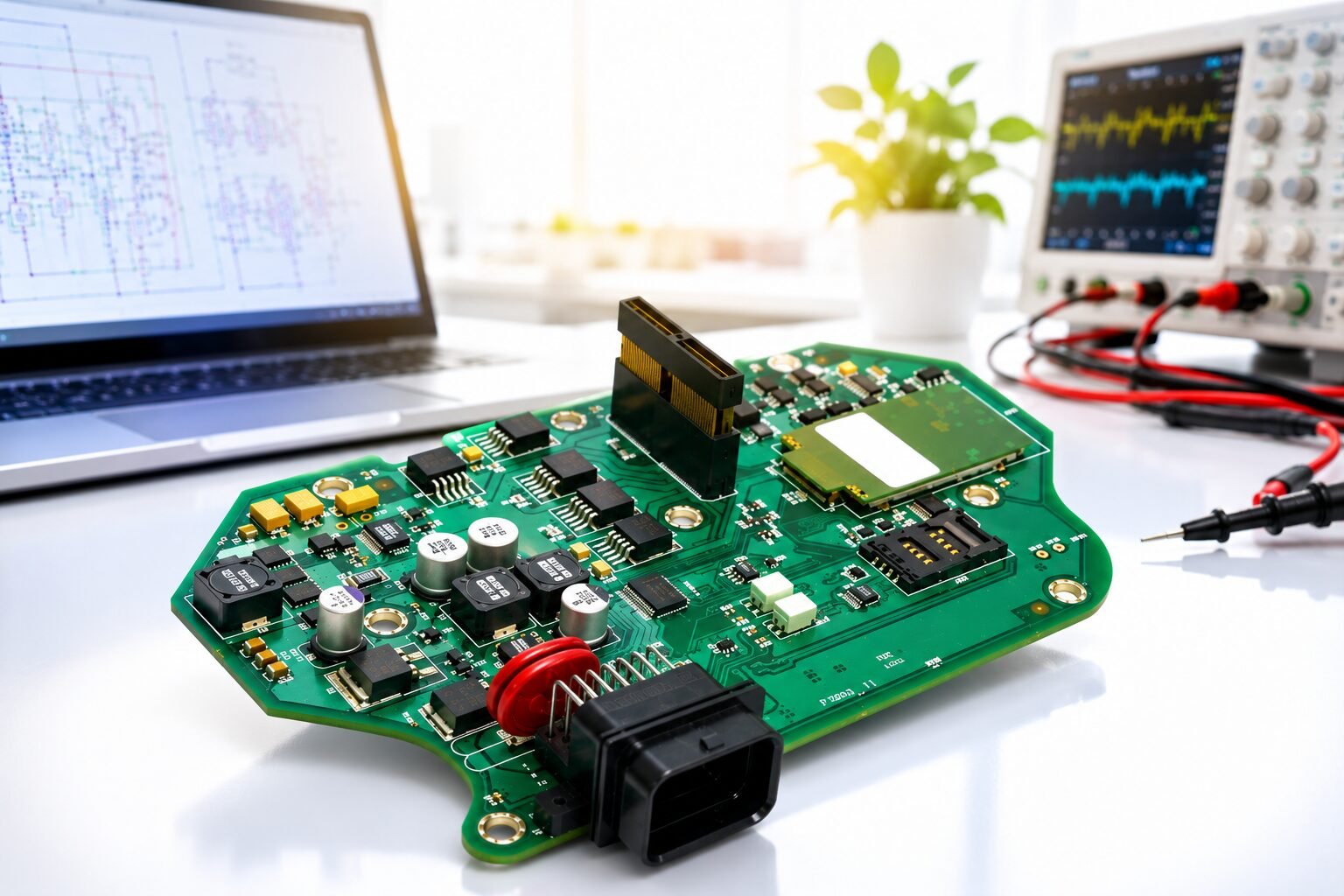 Embedded electronics PCB with oscilloscope and firmware schematic in the background