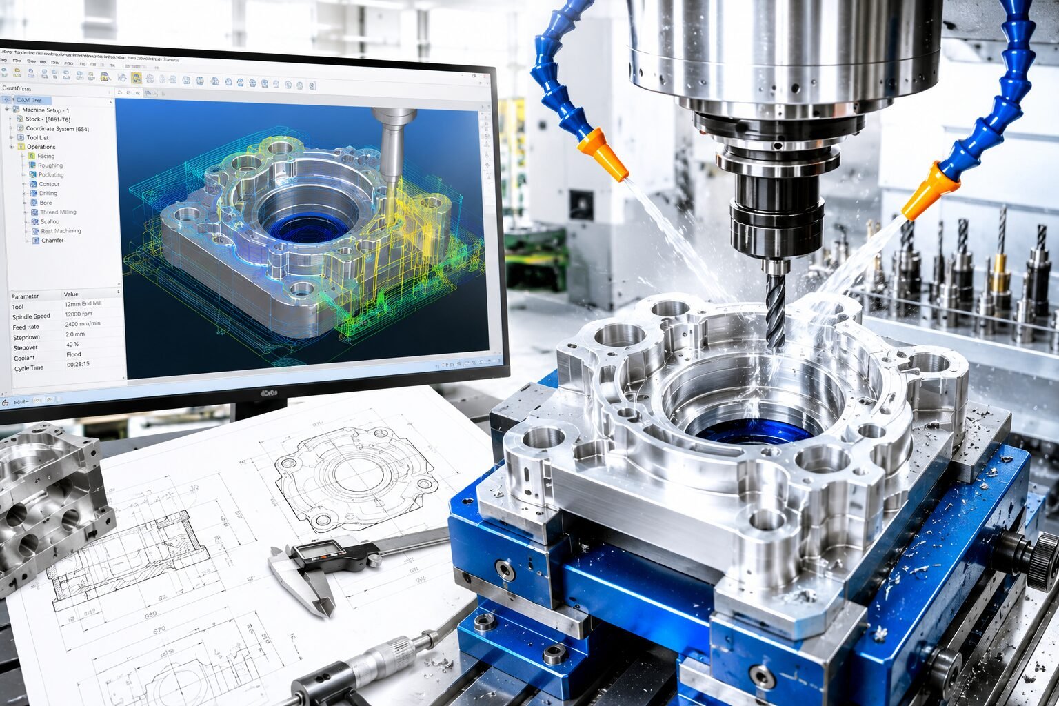 CNC machining of a precision aluminum component with live tool path simulation on screen