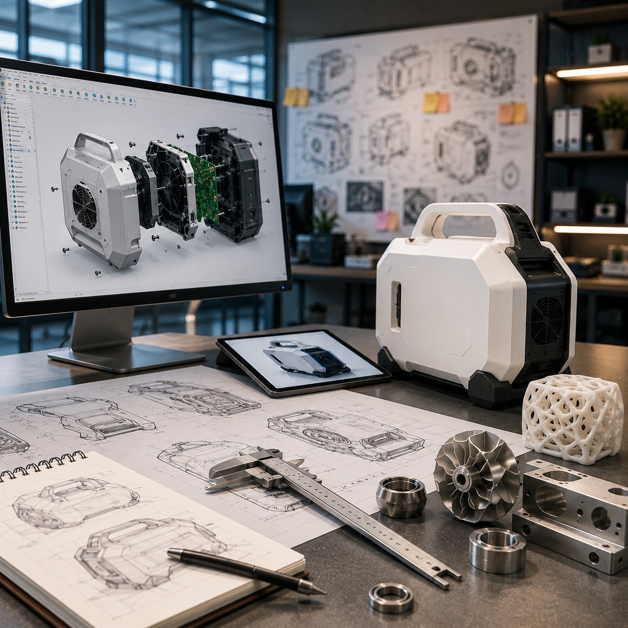 Exploded CAD assembly and FEA stress analysis of a portable product on dual monitors