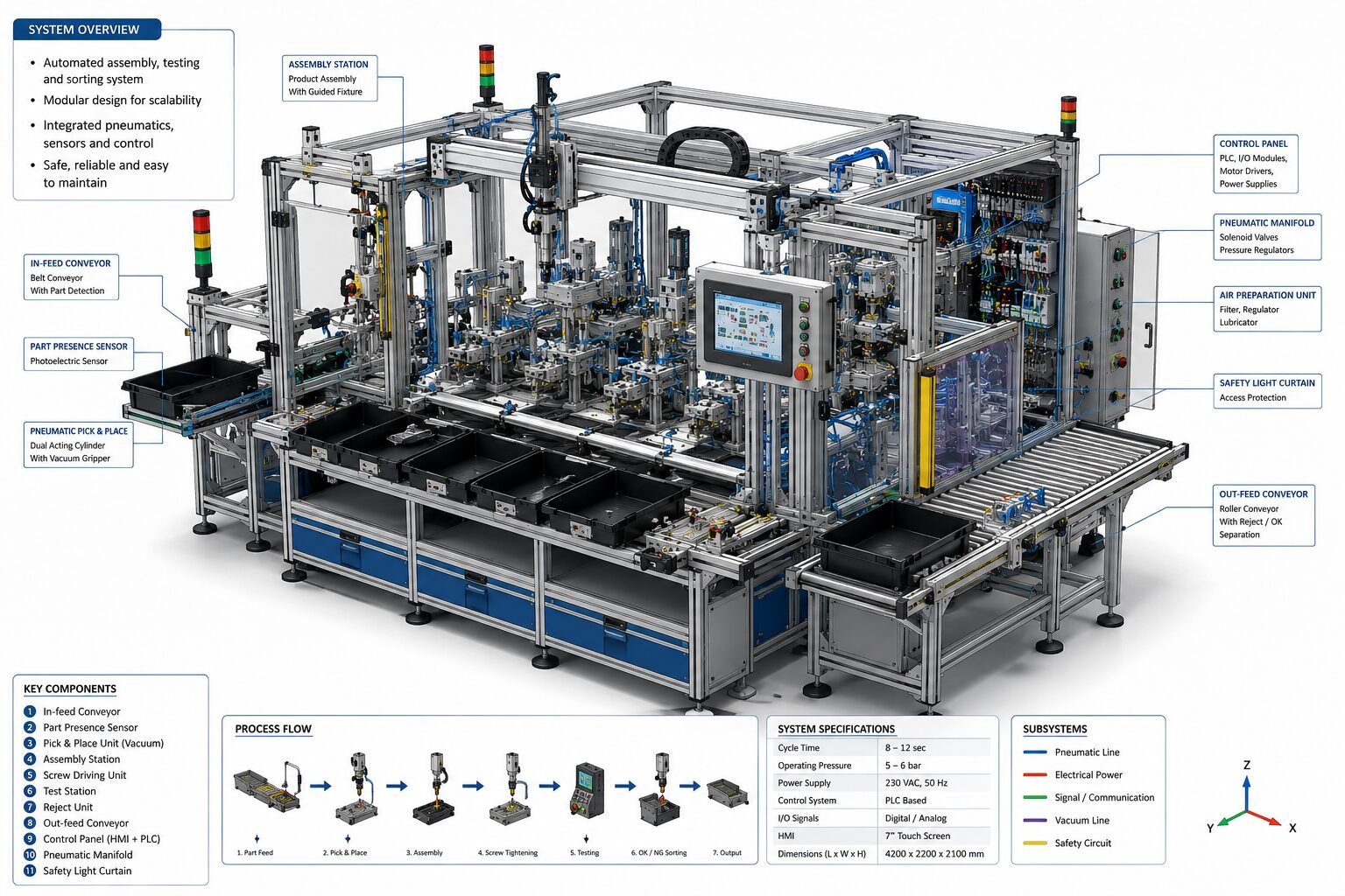 Technical system overview diagram of an automated assembly, testing, and sorting system