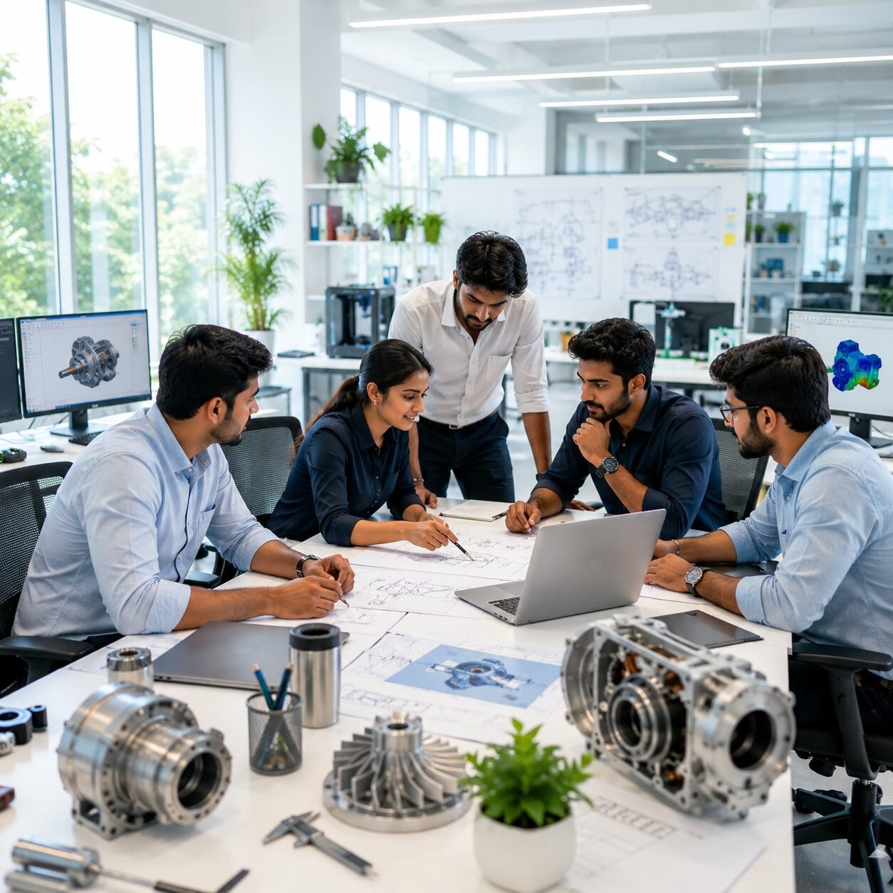 Vyrsta engineering team collaborating around CAD models, prototypes, and technical drawings